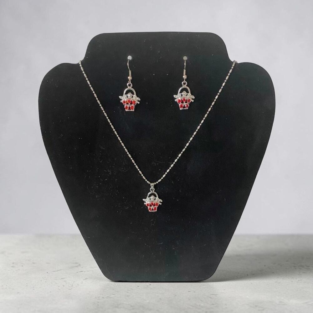 Red Rhinestone Flower Basket Necklace & Earrings Set Silver Tone